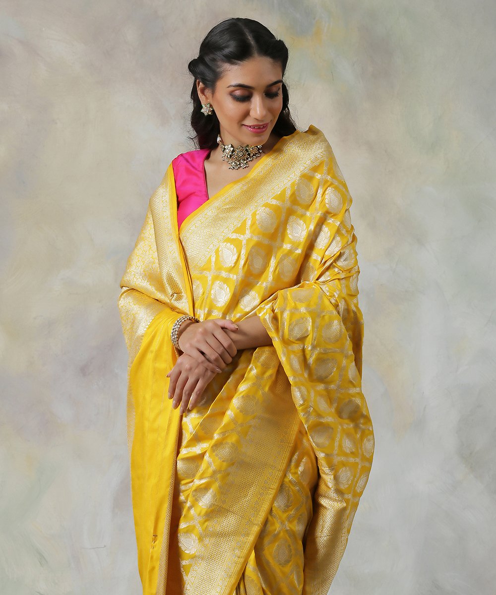 Yellow_Banarasi_Katan_Silk_Saree_with_Rich_Gold_Zari_Jaal_WeaverStory_01