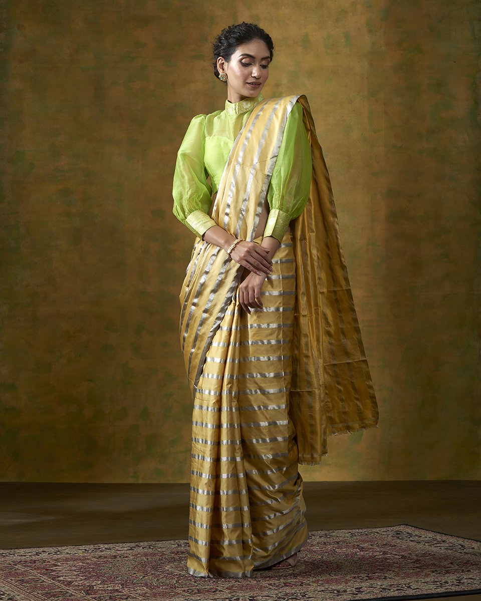 Yellow_Handloom_Horizontal_Stripes_Banarasi_Saree_In_Satin_WeaverStory_02