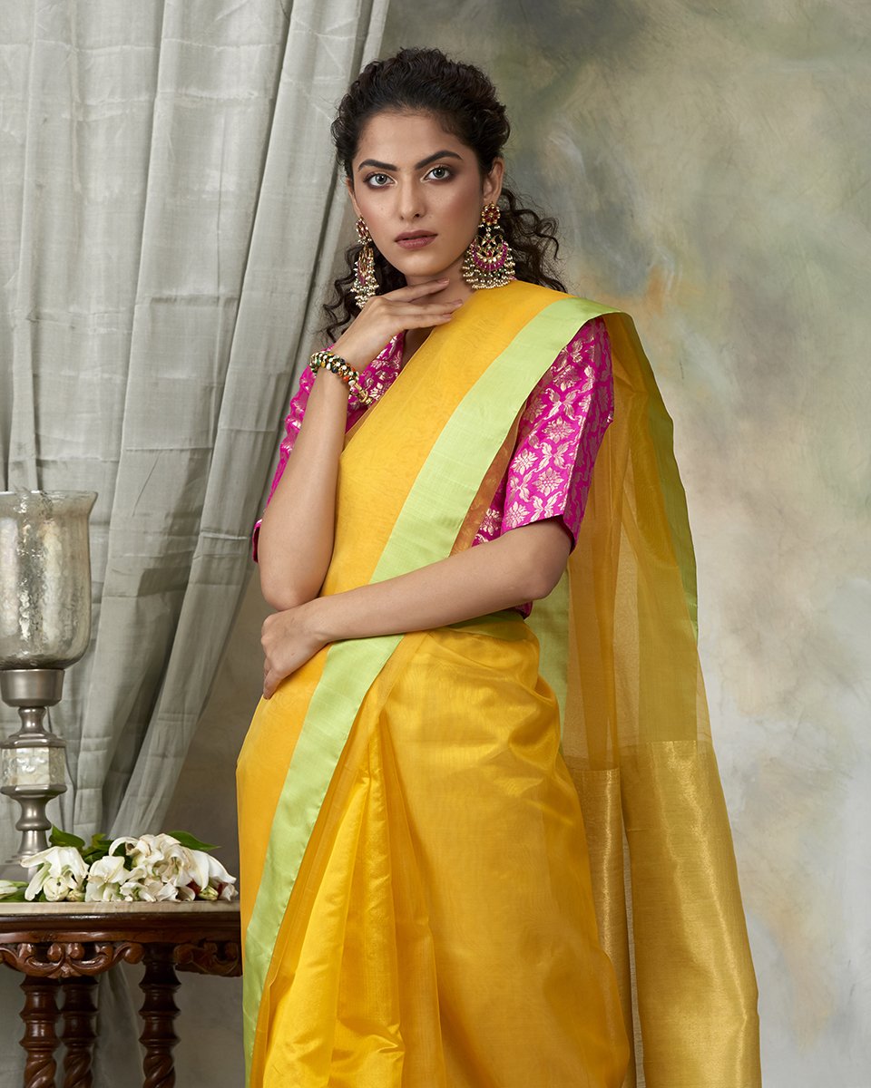 Yellow_Handloom_Dupion_Silk_Chanderi_Saree_with_Organza_Pallu_WeaverStory_01