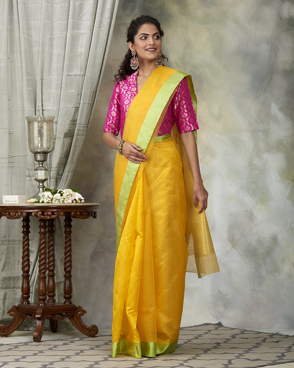 Yellow_Handloom_Dupion_Silk_Chanderi_Saree_with_Organza_Pallu_WeaverStory_02