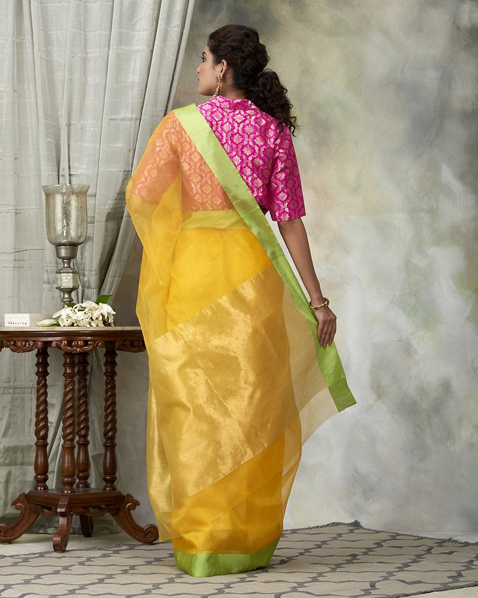 Yellow_Handloom_Dupion_Silk_Chanderi_Saree_with_Organza_Pallu_WeaverStory_03
