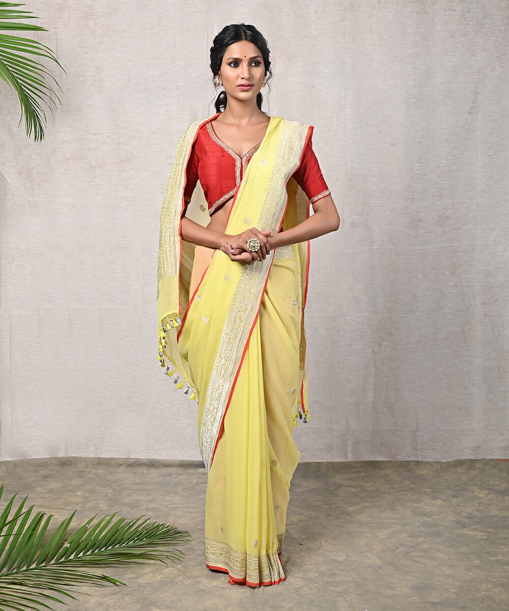 Yellow_Handloom_Silver_Zari_Banarasi_Georgette_Saree_with_Red_Selvedge_WeaverStory_02