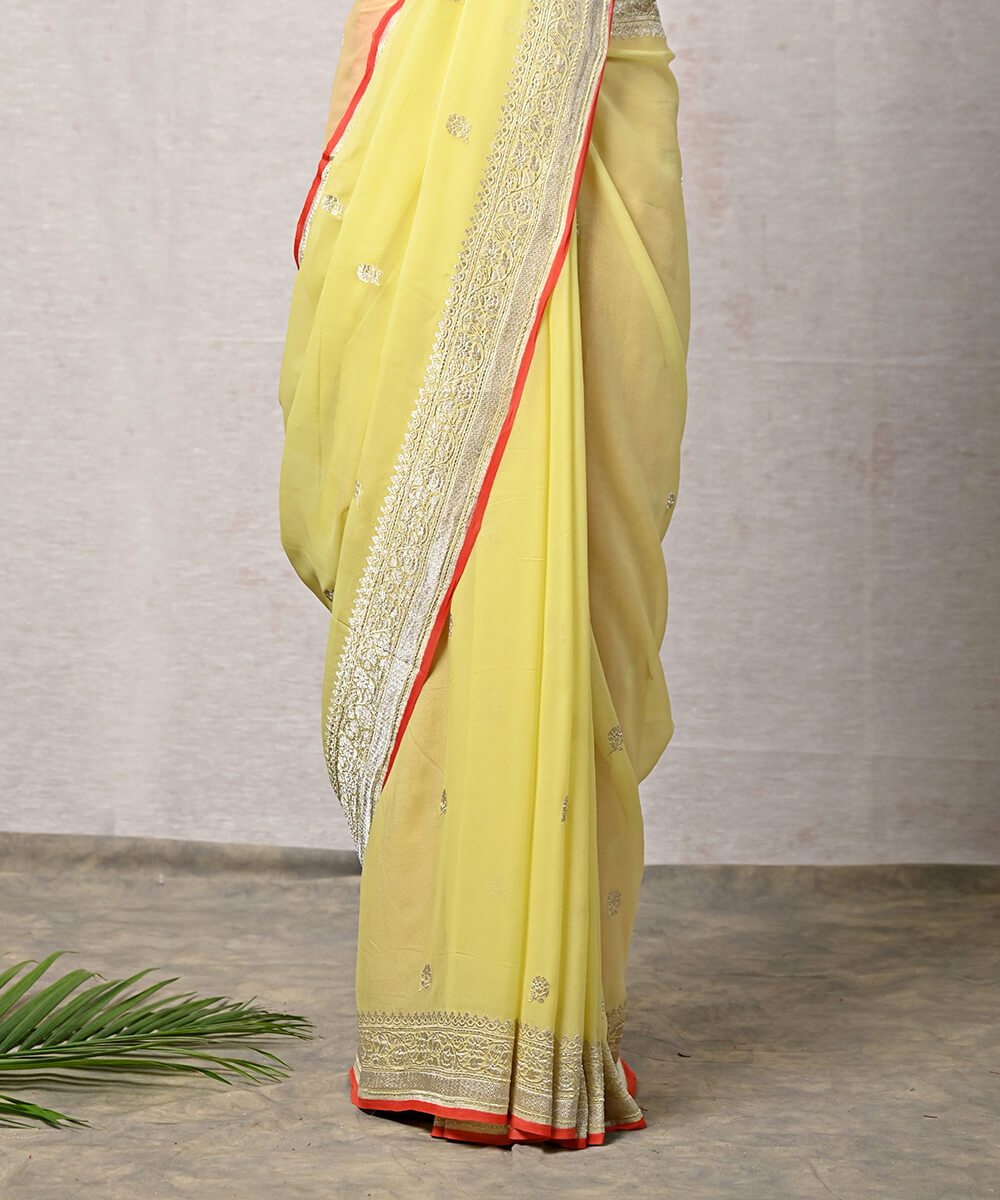 Yellow_Handloom_Silver_Zari_Banarasi_Georgette_Saree_with_Red_Selvedge_WeaverStory_04