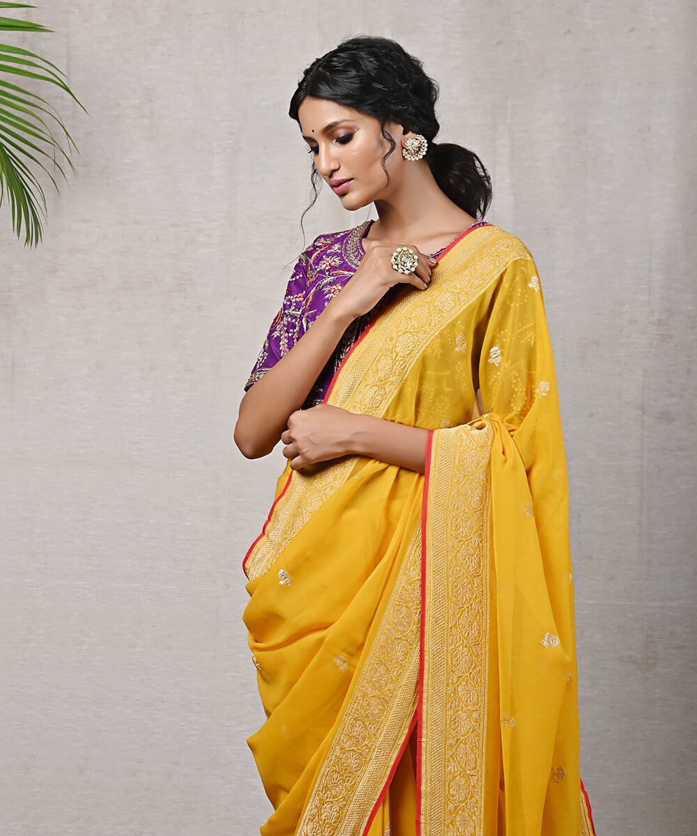 Yellow_Handloom_Sona_Rupa_Zari_Banarasi_Georgette_Saree_with_Red_Selvedge_WeaverStory_01