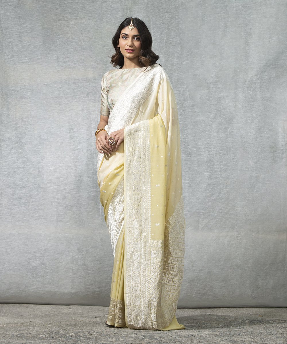 Yellow_Shaded_Handloom_Kadhwa_Booti_Pure_Georgette_Banarasi_Saree_WeaverStory_02