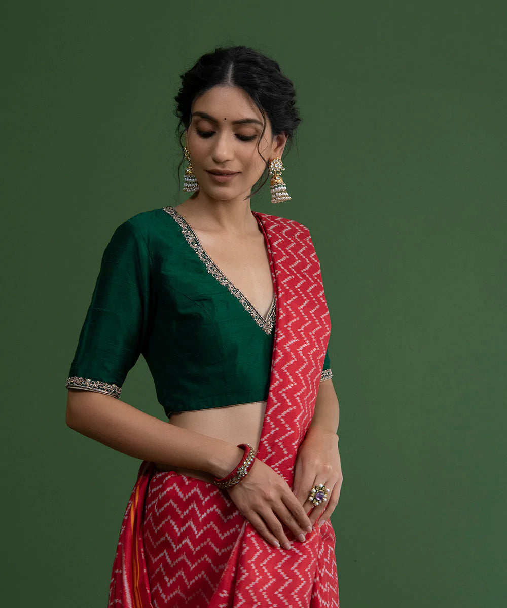 Handloom Bottle Green Raw Silk Deep V-Neck Blouse With Hand Embroidered Zardozi Work Blouses/ Crop
