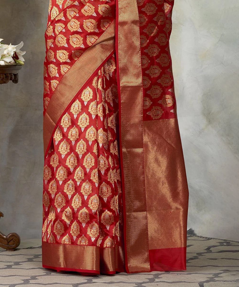 Handloom Bridal Red Chanderi Silk Saree With Meenakari Booti