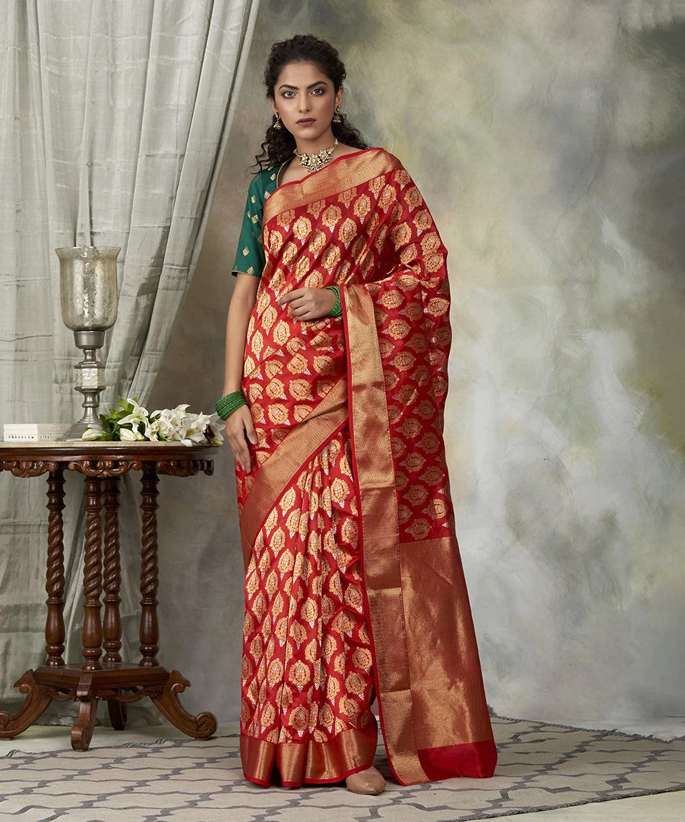 Handloom Bridal Red Chanderi Silk Saree With Meenakari Booti