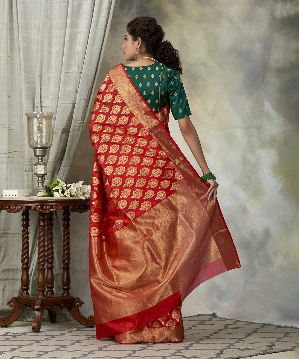 Handloom Bridal Red Chanderi Silk Saree With Meenakari Booti