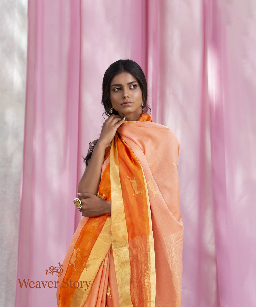 Handwoven Peach Mercerised Cotton Saree With Orange Border