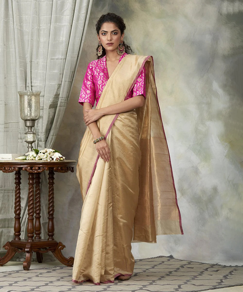 Beige And Gold Handloom Chanderi Cotton Tissue Saree With Zari Border