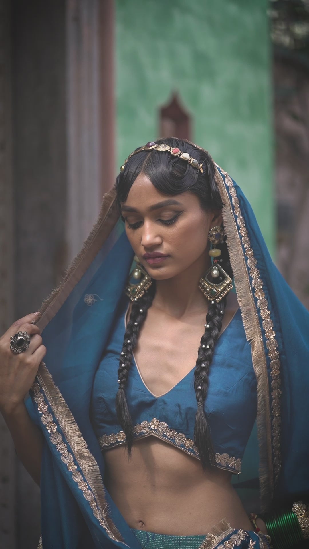 Divya Khosla In Peacock Blue Handloom Katan Silk Banarasi Lehenga