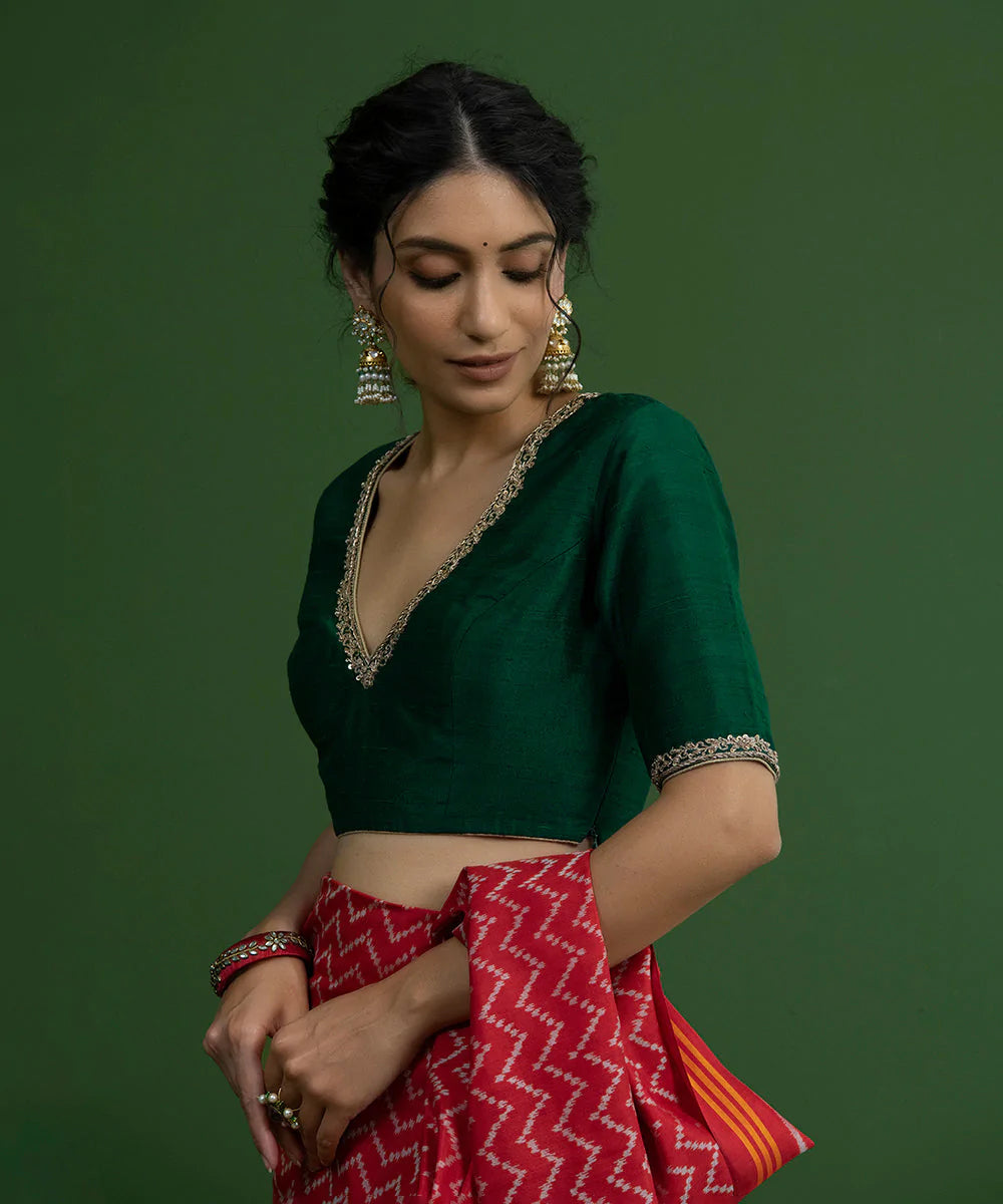 Handloom Bottle Green Raw Silk Deep V-Neck Blouse With Hand Embroidered Zardozi Work Blouses/ Crop