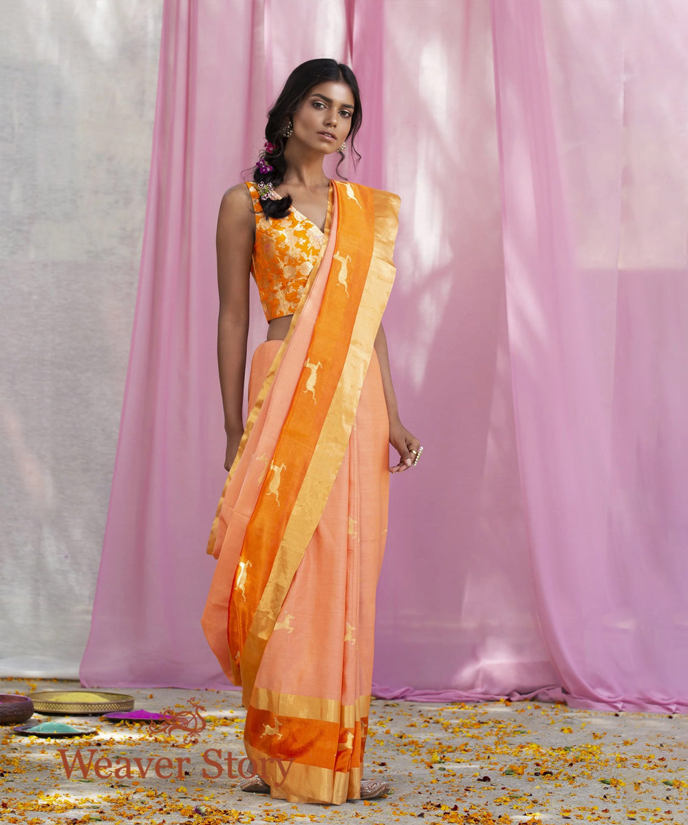 Handwoven Peach Mercerised Cotton Saree With Orange Border
