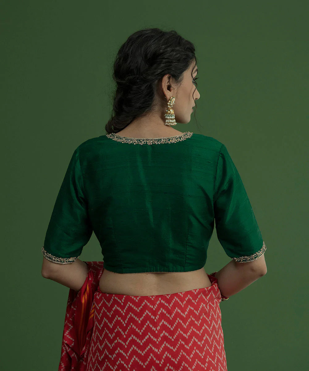 Handloom Bottle Green Raw Silk Deep V-Neck Blouse With Hand Embroidered Zardozi Work Blouses/ Crop