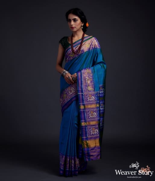 Turquoise_Blue_single_ikat_patola_saree_with_tissue_border_WeaverStory_02