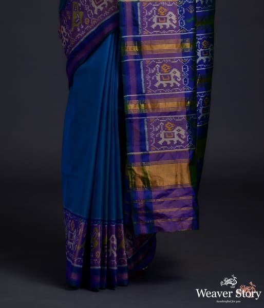 Turquoise_Blue_single_ikat_patola_saree_with_tissue_border_WeaverStory_04