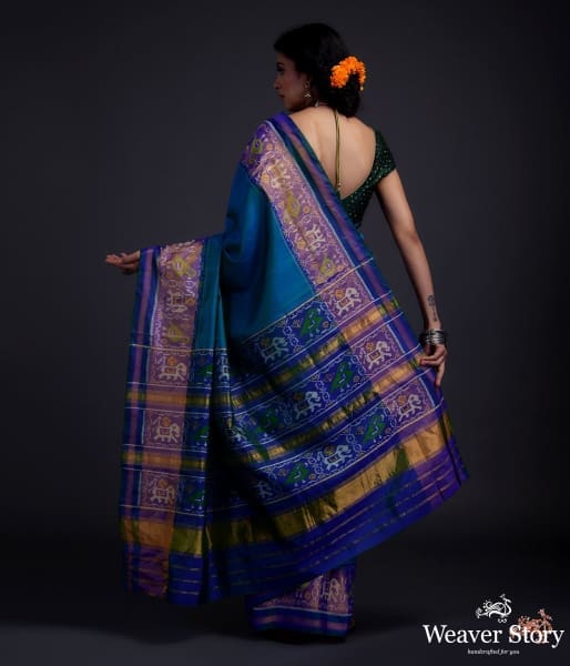 Turquoise_Blue_single_ikat_patola_saree_with_tissue_border_WeaverStory_03