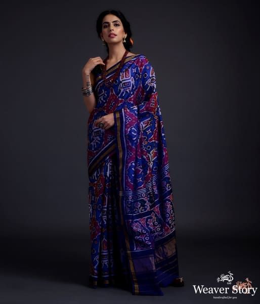 Pure_silk_Gujarat_Patola_saree_in_royal_blue_with_elephant_motifs_WeaverStory_02