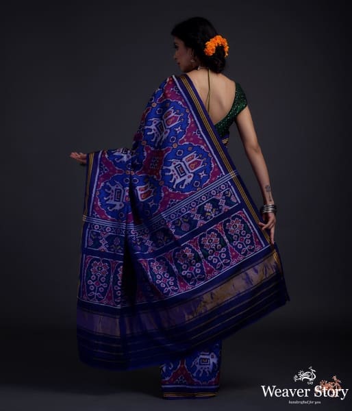Pure_silk_Gujarat_Patola_saree_in_royal_blue_with_elephant_motifs_WeaverStory_03