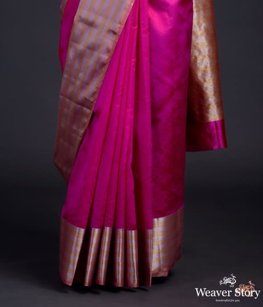 Hot_Pink_silk_chanderi_saree_with_Gold_and_silver_borders_WeaverStory_04