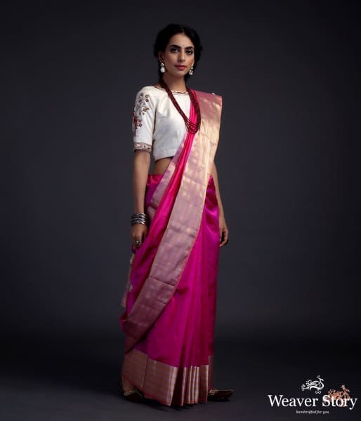 Hot_Pink_silk_chanderi_saree_with_Gold_and_silver_borders_WeaverStory_02