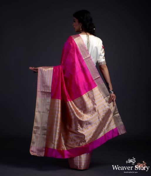 Hot_Pink_silk_chanderi_saree_with_Gold_and_silver_borders_WeaverStory_03
