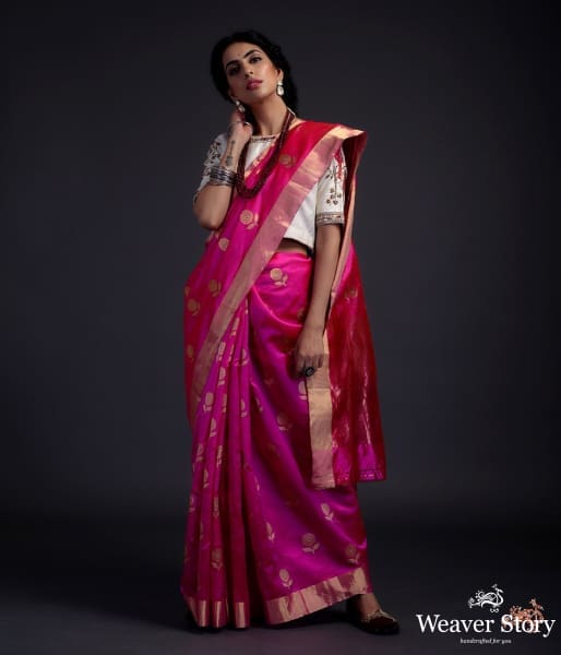 Hot_Pink_chanderi_silk_saree_with_gold_zari_floral_motifs_WeaverStory_02