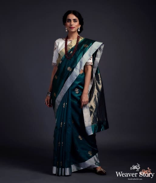 Teal_green_chanderi_silk_saree_with_gold_zari_meenakari_boota_WeaverStory_02