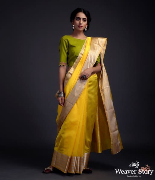 Yellow_silk_chanderi_saree_with_Gold_and_silver_borders_WeaverStory_02
