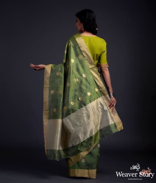 Henna_green_chanderi_silk_saree_with_gold_zari_chaand_boota_WeaverStory_03