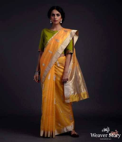 Mango_Yellow_chanderi_saree_with_silver_zari_motifs_WeaverStory_02