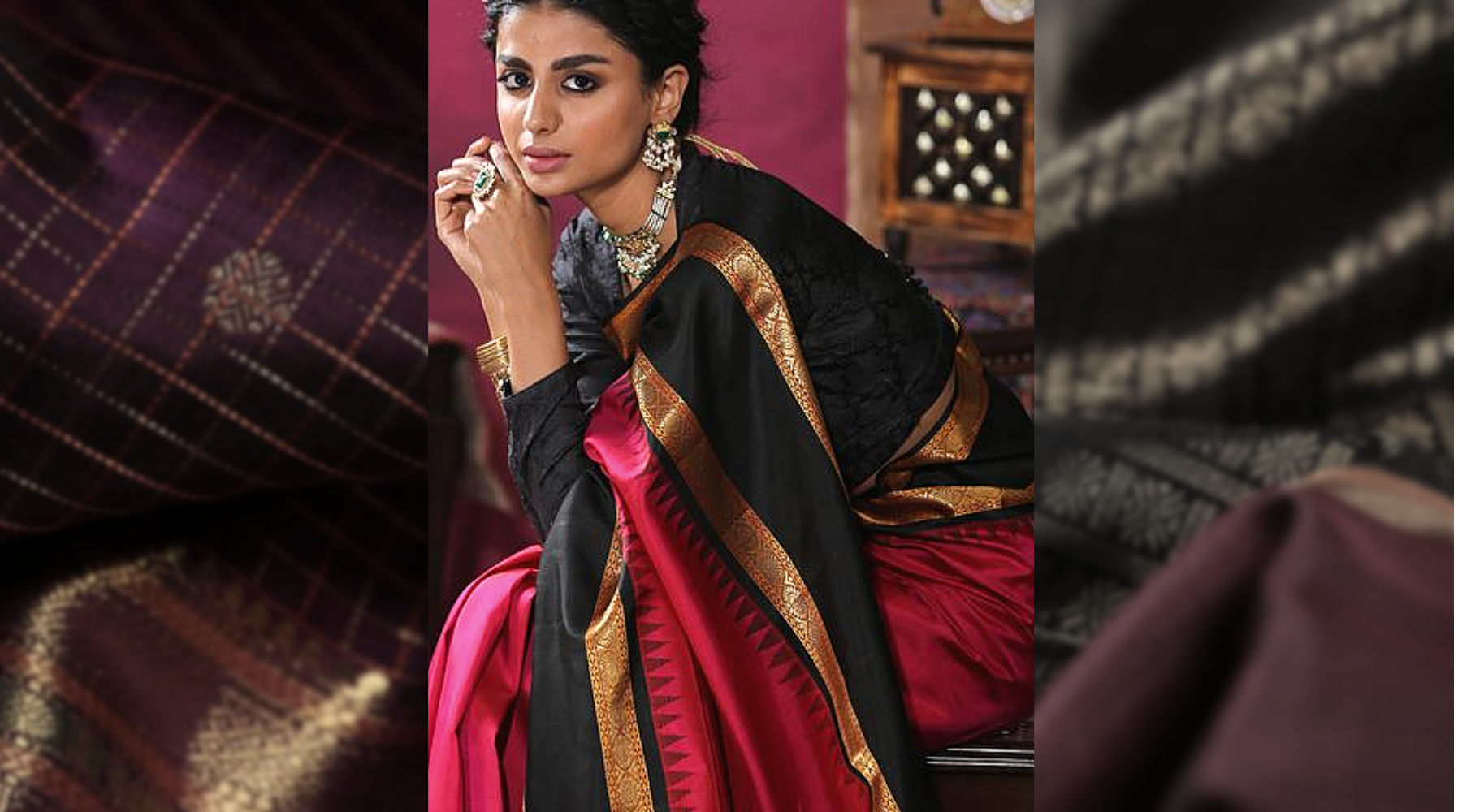Pure silk batik black and red combination saree – Sujatra