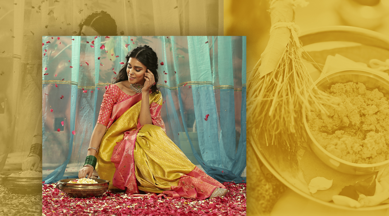 Must-Have Outfits for Haldi : Yellow and Green Katan Silk Sarees