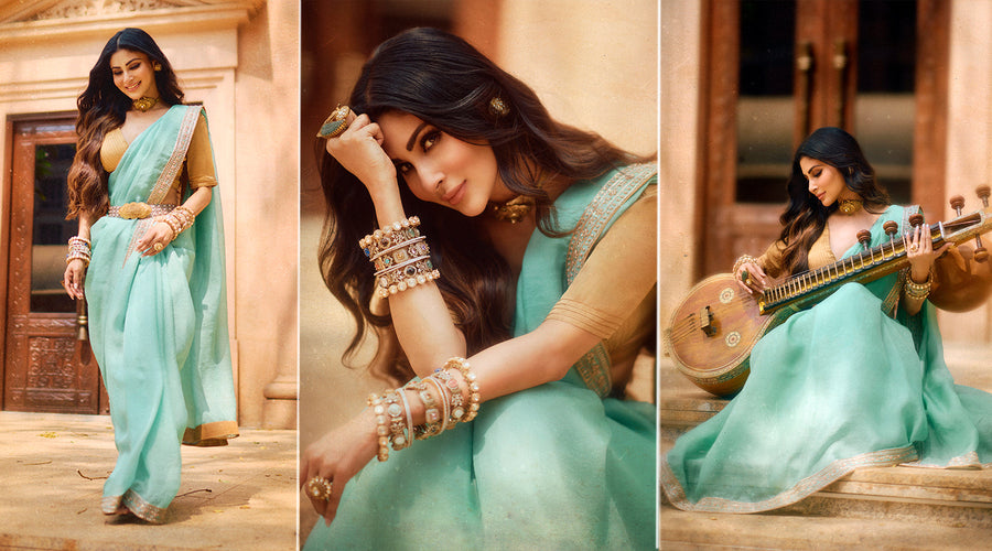 Mouni Roy in WeaverStory's Hand-Embroidered Organza Saree