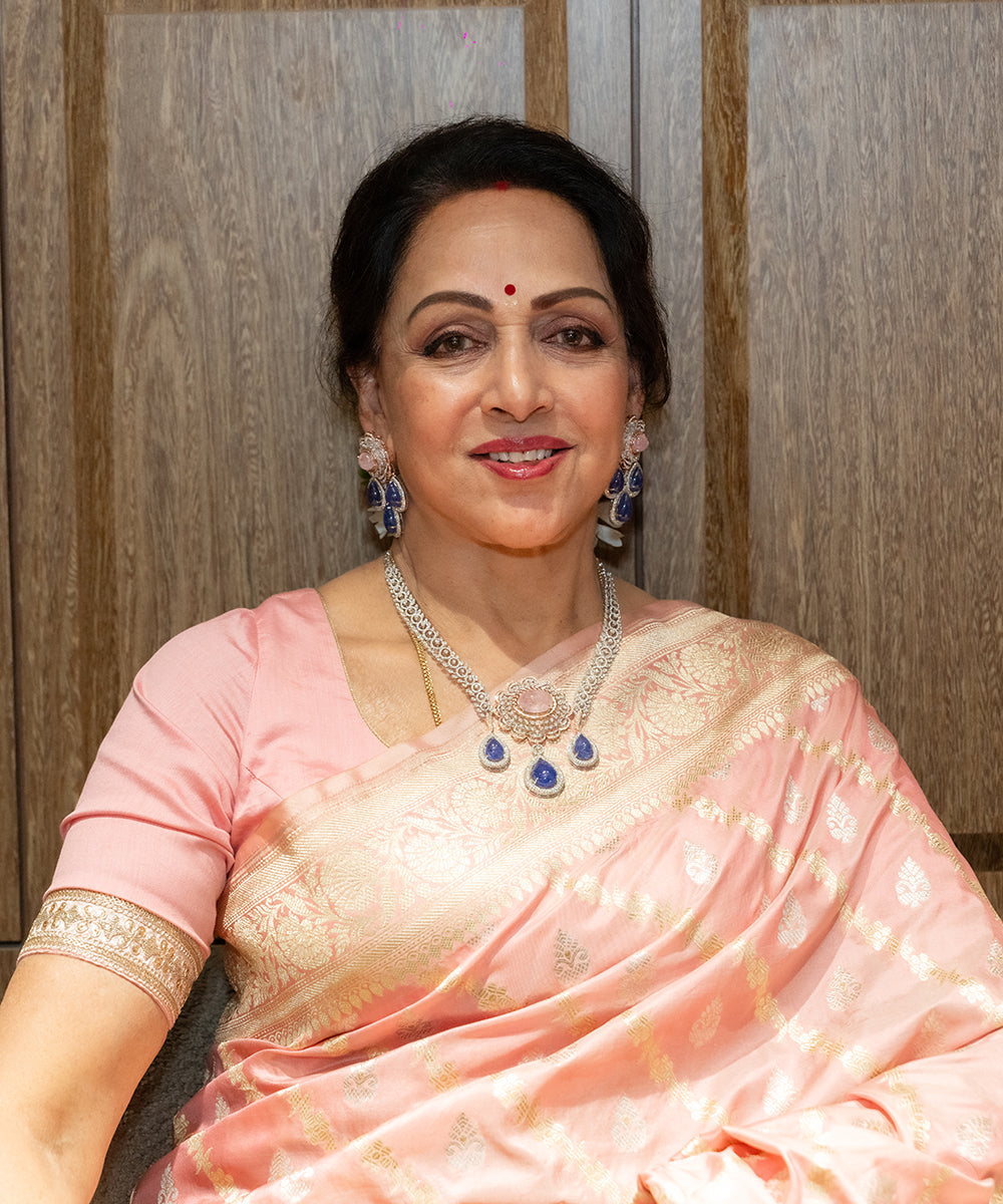 Hema Malini In Light Pink Handloom Pure Katan Silk Banarasi Saree