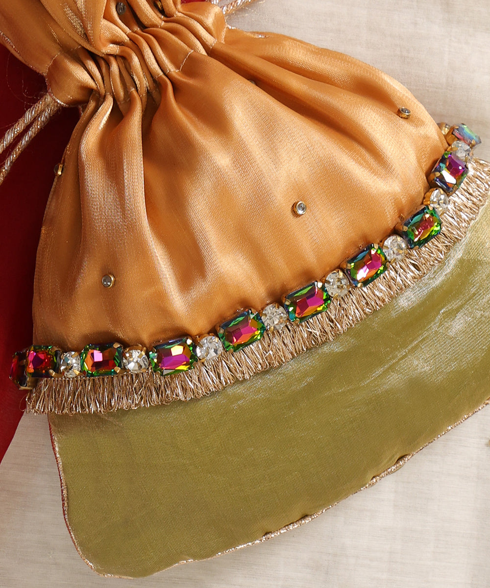 Elegant Olive &amp; Gilded Mustard Link-Chain Potli Bag