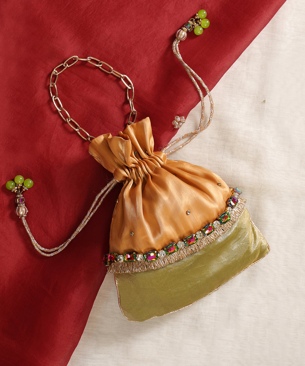Elegant Olive &amp; Gilded Mustard Link-Chain Potli Bag