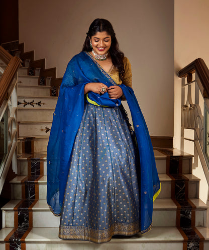 Aparna Balamurali In Blue Handloom Banarasi Lehenga with Gold Tissue Blouse and Organza Dupatta