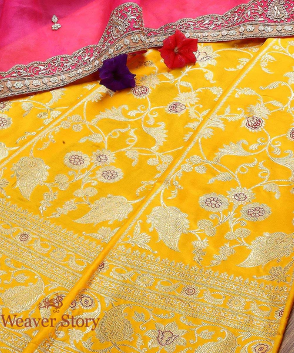 Handloom Yellow Banarasi Kadhwa Lehenga With Pink Meenakari