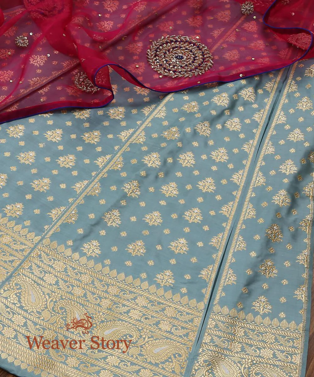 Handloom Powder Blue Pure Katan Silk Banarasi Lehenga With Meenakari