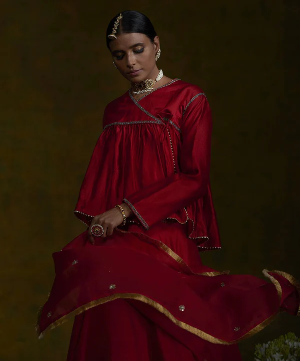 Red Handwoven Pure Silk Lehenga With Zardozi Embroidery And Gathered Angrakha Top Organza Dupatta