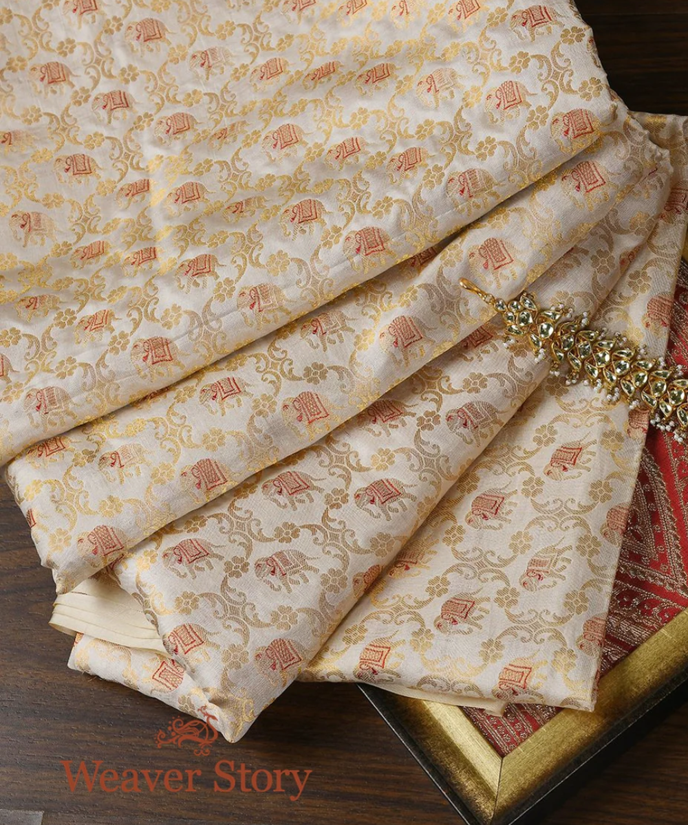 Handloom Offwhite Banarasi Silk Fabric With Small Elephant Motifs