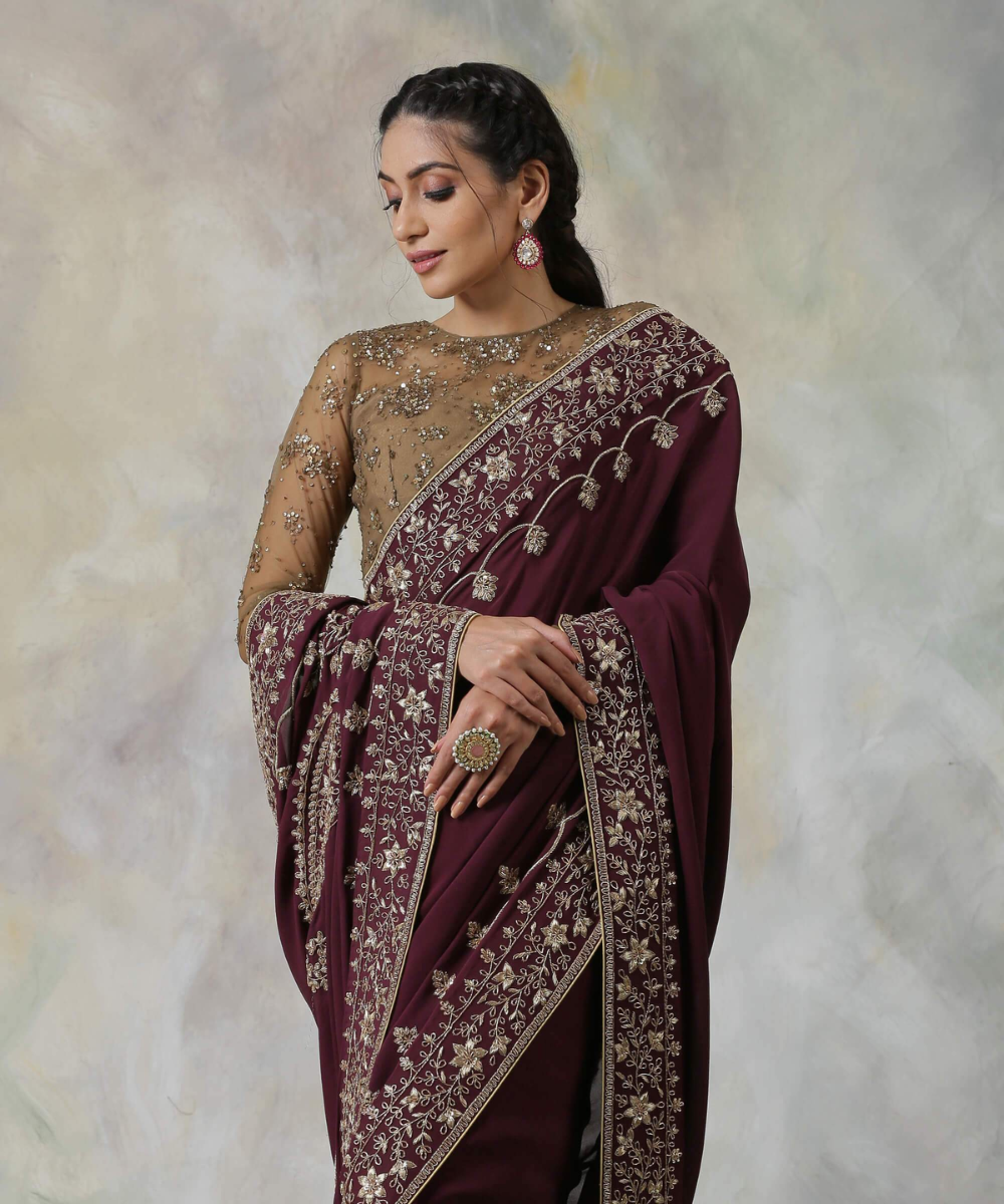 Wine Pure Crepe Georgette Saree With Zardozi Borders And Paisleys On The Pallu