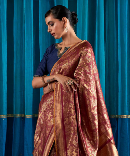 Handloom Wine Red Kimkhab Shikargah Saree With A Mustard Selvedge