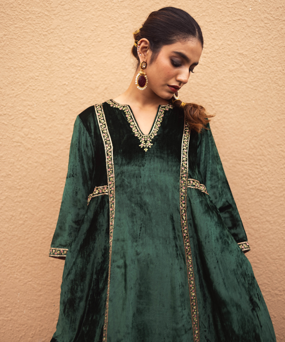 Priya Prakash Varrier In Hand Embroidered Dark Green Velvet Kurta