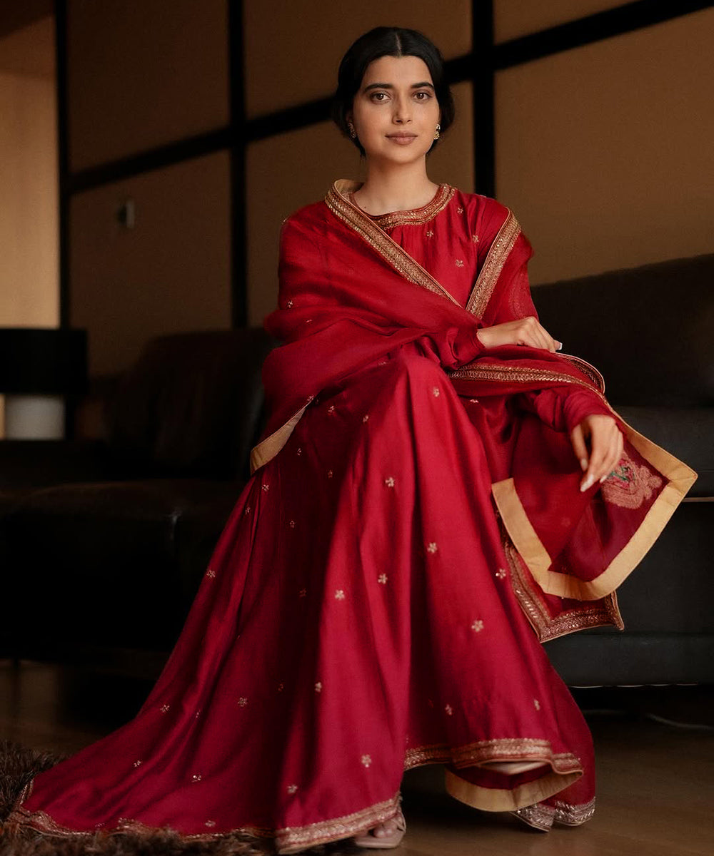 Nimrat Khaira In Bright Red Hand Embroidered Moonga Silk Anarkali Set With Organza Dupatta