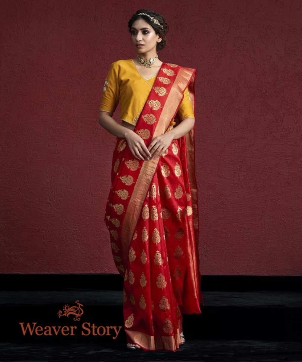 Handwoven Red Silk Chanderi Saree With Farheen Boota