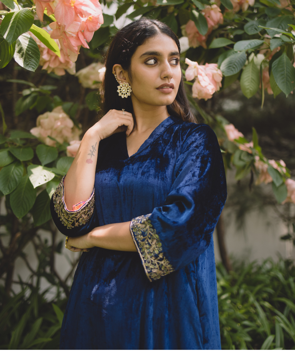 Priya Prakash Varrier In Navy Blue Embroidered Velvet Kurta Set