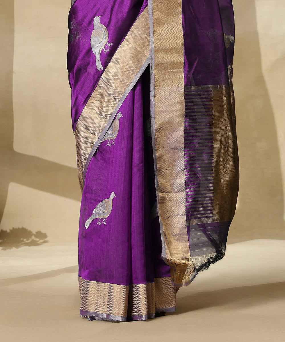 Purple Handloom Pure Chanderi Silk Saree With Eknaliya Bird Motifs